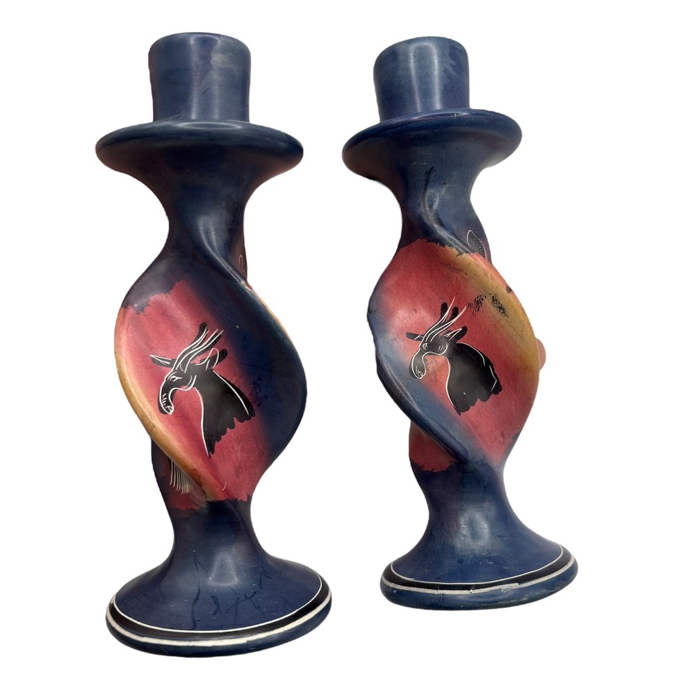 Vintage African Soapstone Candlestick Holders Hand Carved Animal Design Blue - Picture 3 of 7